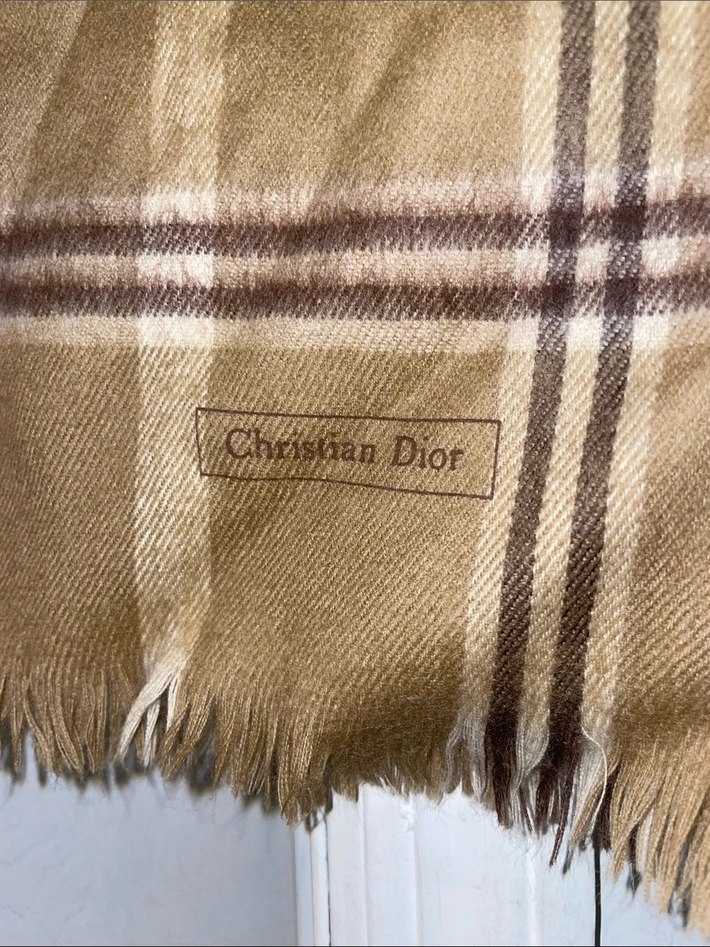 Vintage Christian Dior Scarf Made In Japan 100% Merino Wool Beige & Brown Plaid